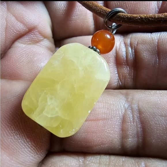 Rectangle Yellow Natural Gemstone Pendant 16" Leather Necklace Sterling Clasp - Picture 3 of 6